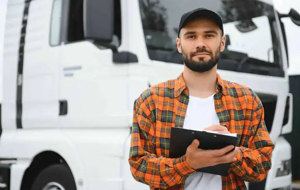 A professional driver holding a clipboard in front of a large white truck, ready for long-distance transportation and vehicle delivery services.